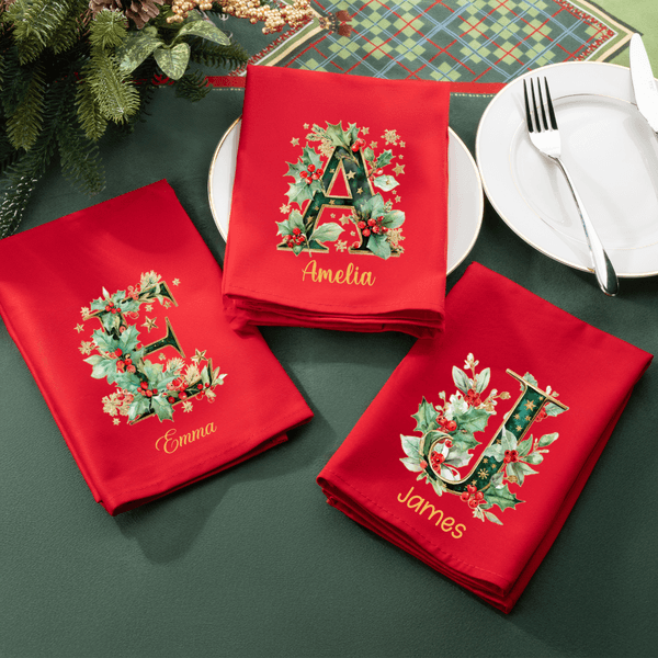 Personalized Holly Initial 100% Cotton Red Table Napkin with Name Table Decor Christmas Gift for Family Friend