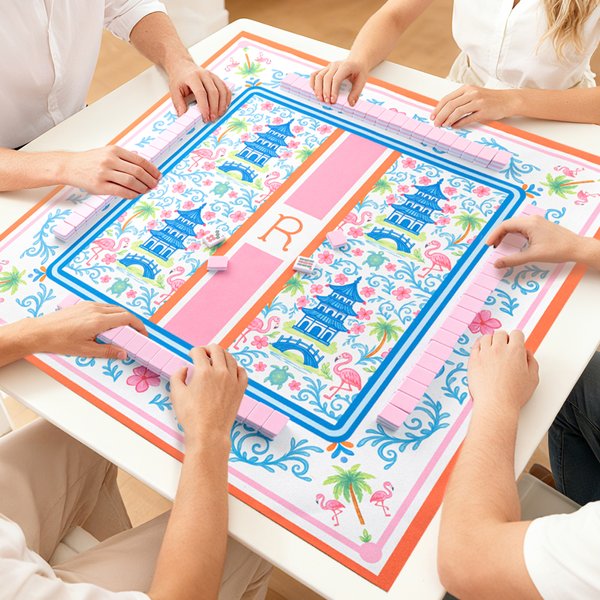 Alfombrilla de Mahjong Antideslizante con Letras y Bolsa de Almacenaje Accesorio Mahjong Personalizado Pagoda con Diseño Floral Regalo de Cumpleaños para los Amantes del Mahjong