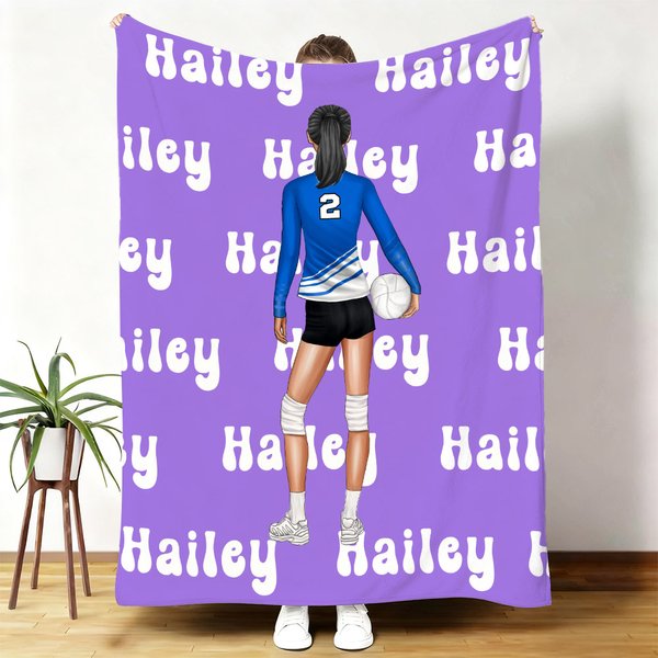 Manta personalizada multicolor de dibujos animados de voleibol para chica con nombre y número Decoración para el hogar Regalo de cumpleaños el día del partido para mujeres amantes del voleibol