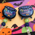 Personalized Witch's Magic Cauldron Glitter Acrylic Badge Clip with Text Party Gift for Lab Technician Friend