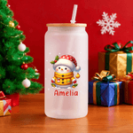 Personalized Cute Snowman 20 oz Name Glass Tumbler with Bamboo Lid and Straw Christmas Gift for Family Friends