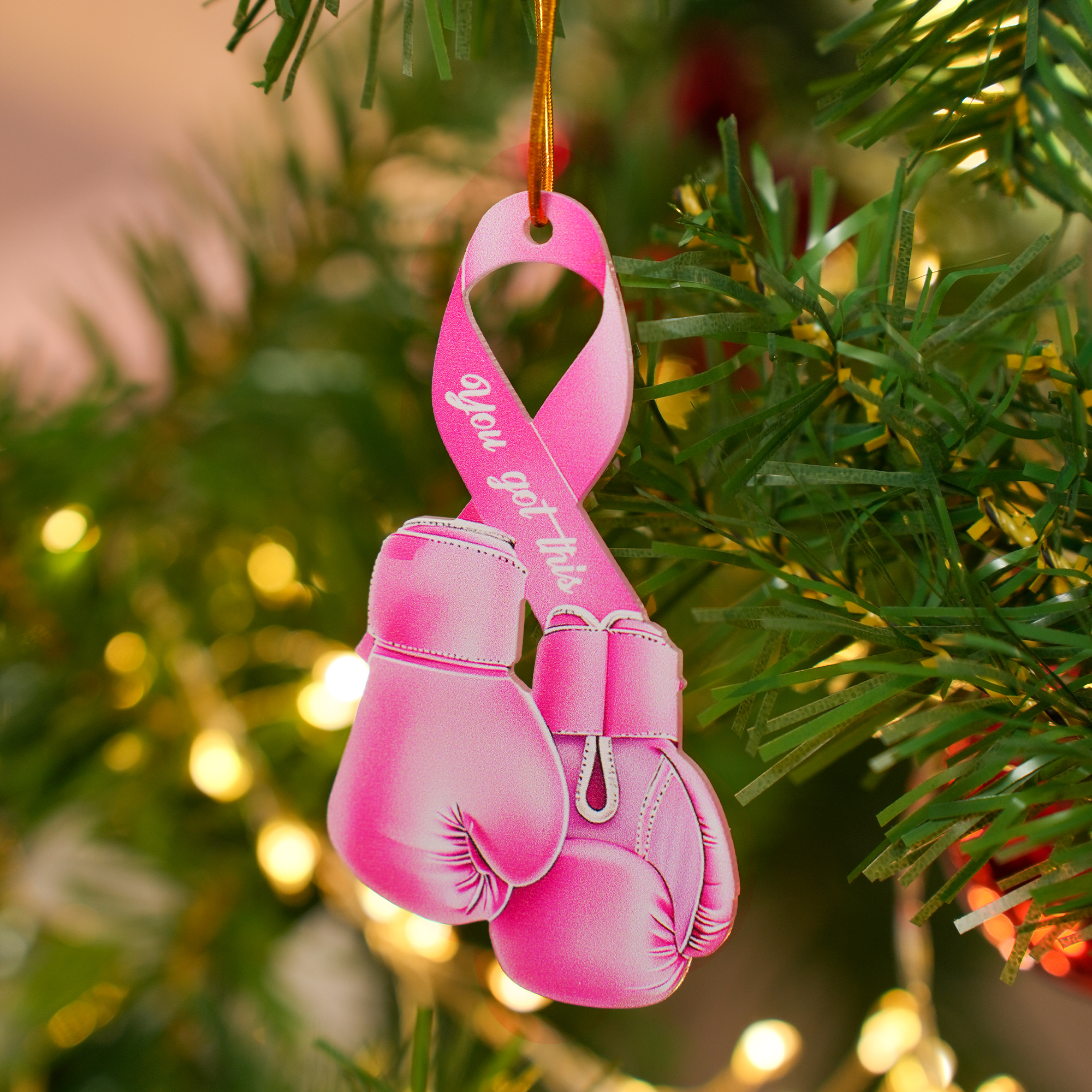 Gants de boxe roses personnalisés Ornement avec texte Décoration de voiture Cadeau pour les femmes qui luttent contre le cancer