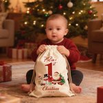 Personalized Cute Snowman Reindeer Santa Claus Canvas Drawstring Gift Bag with Name and Year First Christmas Party Favors for Baby