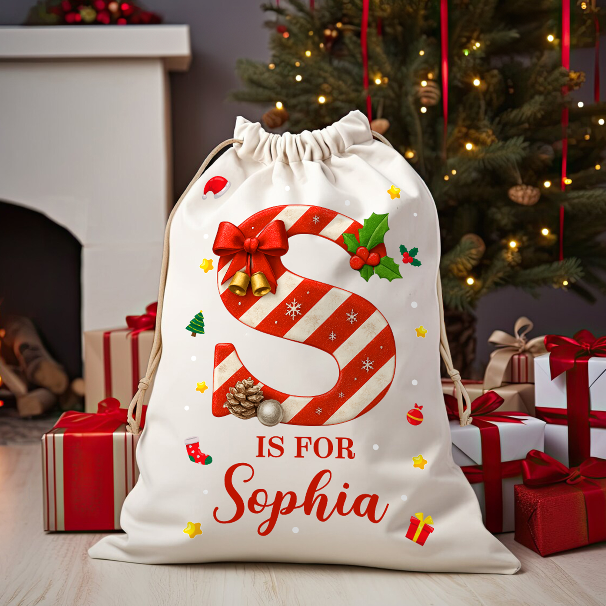 Sac de Noël personnalisé en toile avec nom et prénom Cadeau de Noël pour la famille et les amis