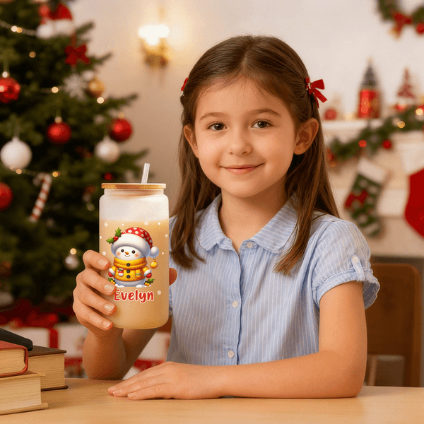 Personalised Cute Snowman 20 oz Name Glass Tumbler with Bamboo Lid and Straw Christmas Gift for Family Friends