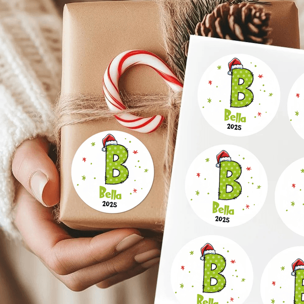 Personalized Santa Hat Green Polka Dot Initial Waterproof Stickers Labels with Name Gift Decor Christmas Party Favors for Kids