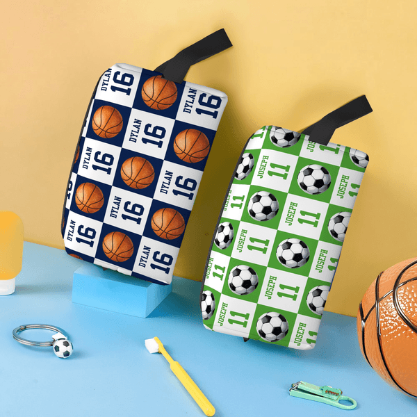 Personalized Basketball Football Sport Check Portable Toiletry Bag with Name and Handle Travel Accessory Game Day Birthday Gift for Sports Lover