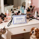 Borsa per il trucco personalizzata per cani e gatti in stile Toile De Jouy con 1-7 nomi e braccialetto Regalo di Natale per il compleanno del proprietario di un animale domestico