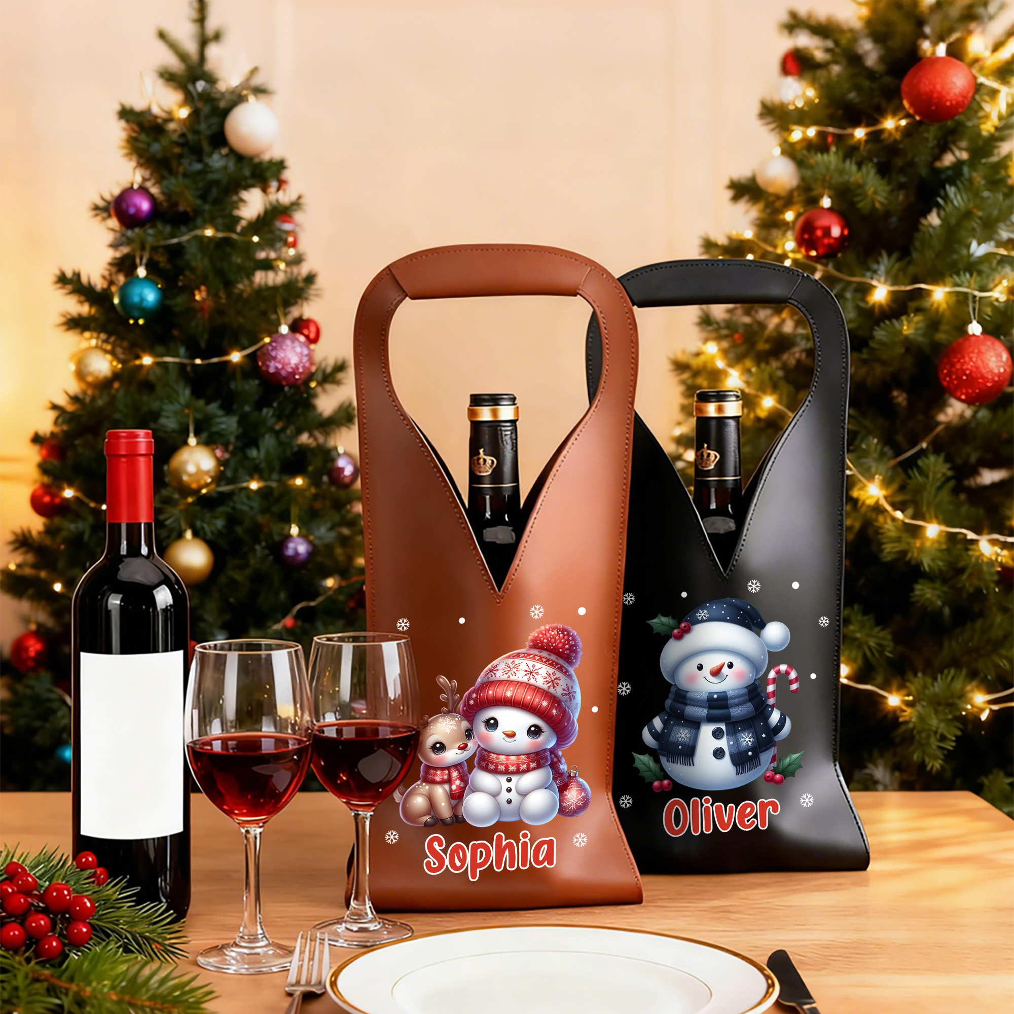 Sac à vin en cuir PU avec nom et poignée protectrice Accessoires pour le vin Cadeau de Noël pour les amateurs de vin