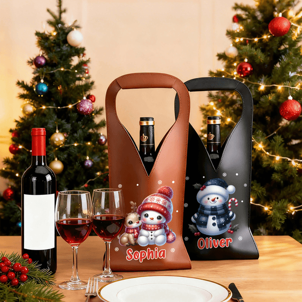 Personalized Cute Christmas Snowman PU Leather Wine Bag with Name and Handle Protective Wine Accessories Christmas Party Gift for Wine Lover