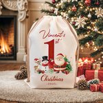 Personalized Cute Snowman Reindeer Santa Claus Canvas Drawstring Gift Bag with Name and Year First Christmas Party Favors for Baby