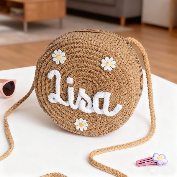 Personalised Multicolor Cute Daisy Straw Crossbody Bag with Name  Travel Beach Christmas Birthday Gift for Girls Kids
