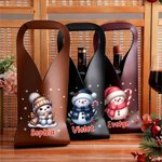 Personalized Cute Christmas Snowman PU Leather Wine Bag with Name and Handle Protective Wine Accessories Christmas Party Gift for Wine Lover