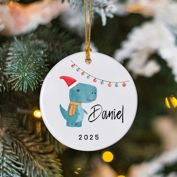 Personalized Dinosaur Christmas Theme Ceramic Ornament with Name Holiday Tree Decor Christmas Gift for Kids Boys