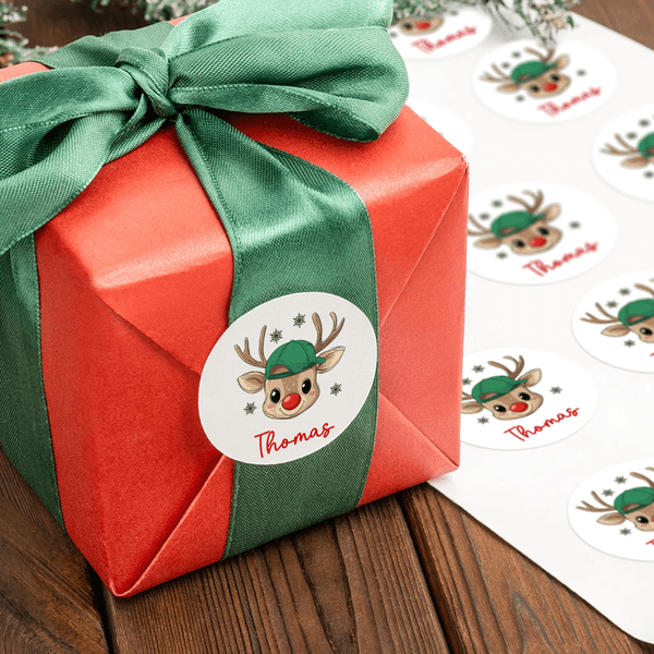 Personalized Cartoon Reindeer Waterproof Stickers Labels with Name Gift Decor Christmas Party Favors for Boys Girls
