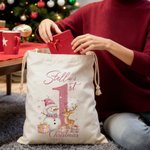 Personalized Cute Snowman Reindeer Santa Claus Canvas Drawstring Gift Bag with Name and Year First Christmas Party Favors for Baby