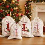 Personalized Cute Snowman Reindeer Santa Claus Canvas Drawstring Gift Bag with Name and Year First Christmas Party Favors for Baby