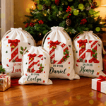 Personalized Christmas Sweets Cane Initial Canvas Drawstring Gift Bag with Name Christmas Gift for Family Friends