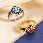 Personalised Square Birthstone Class Ring with Engraved Text and Zircons Graduation Anniversary Gift for Graduates