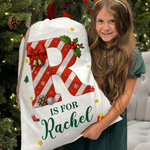 Personalized Christmas Sweets Cane Initial Canvas Drawstring Gift Bag with Name Christmas Gift for Family Friends