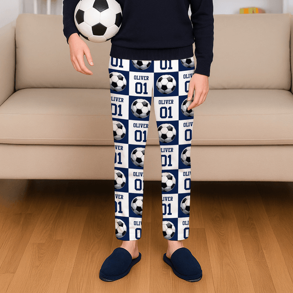 Personalized Grid Design Ball Element Soft Pajama Pants with Name and Number Initial Birthday Christmas Gift for Kids Sports Lovers