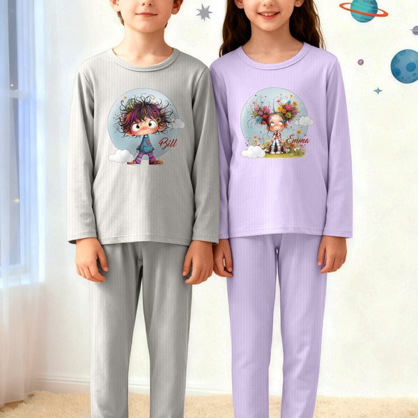 Personalised Cartoon Quirky Boy Girl Moon Design 100% Cotton Soft Kid Pyjama Set with Name Birthday Christmas Gift Kids