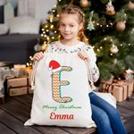 Personalized Santa Hat Polka Dot Star Stripe Initial Drawstring Gift Bag with Name Merry Christmas Eve Party Favors for Girls Boys Kids