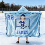 Personalized Cartoon Sport Character Soft Hooded Blanket with Name and Number Birthday Christmas Game Gift for Ice Hockey Players Lovers