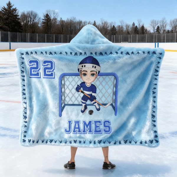 Personalised Cartoon Sport Character Soft Hooded Blanket with Name and Number Birthday Christmas Game Gift for Ice Hockey Players Lovers
