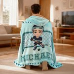 Personalized Cartoon Sport Character Soft Hooded Blanket with Name and Number Birthday Christmas Game Gift for Ice Hockey Players Lovers