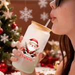 Personalized Cute Santa Claus Frosted Glass Cup with Name Christmas Gift for Family Friends