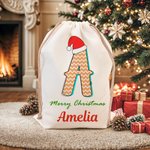 Personalized Santa Hat Polka Dot Star Stripe Initial Drawstring Gift Bag with Name Merry Christmas Eve Party Favors for Girls Boys Kids