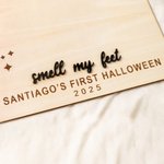 Personalised Footprint or Handprint Wooden Art Sign with Text Bat Ghost Pumpkin Kid DIY Craft First Halloween Gift for Baby New Parents