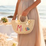 Personalised Boho Flower Straw Hand Bag with Yarn Name Birthday Wedding Christmas Gift for Women Kids Girls