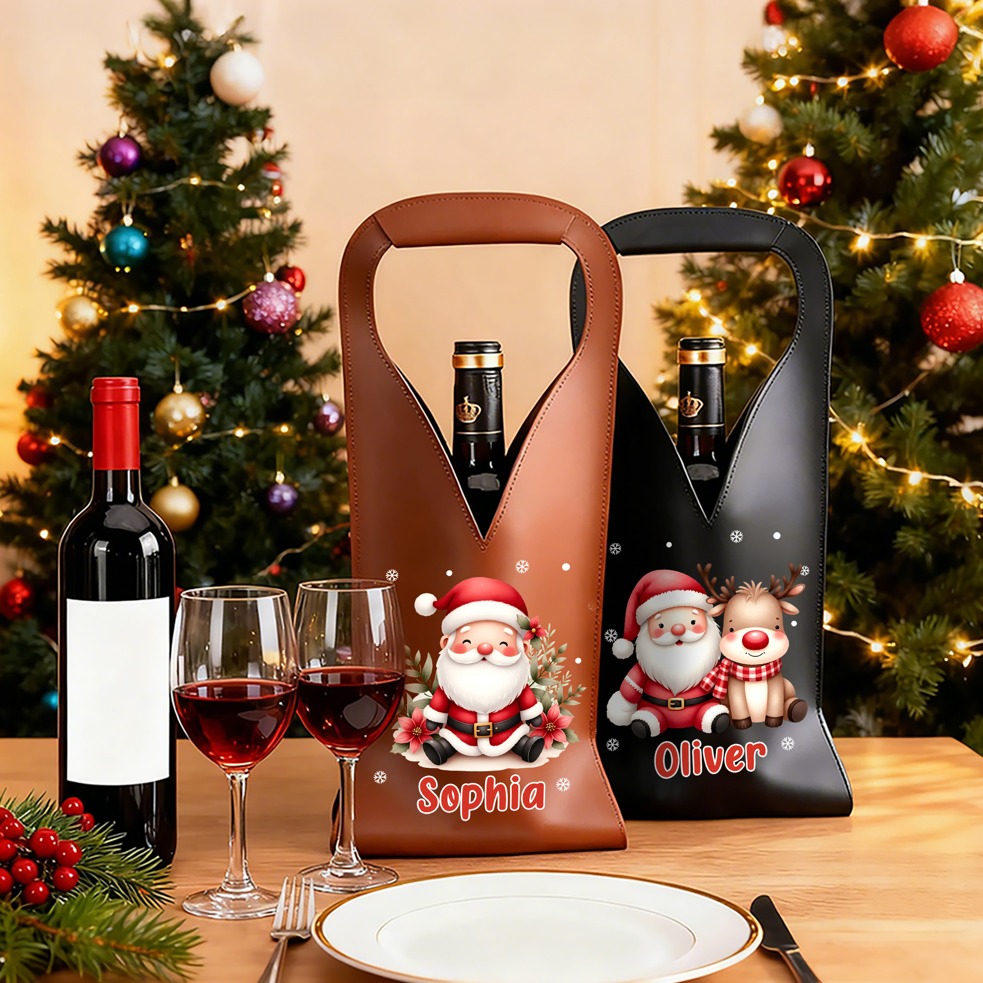 Sac à vin en cuir PU avec nom et poignée Cadeau de Noël pour les amateurs de vin