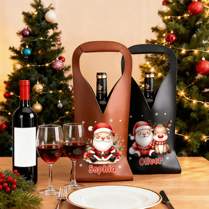 Personalized Cute Santa Claus PU Leather Protective Wine Bag with Name and Handle Christmas Party Gift for Wine Lovers