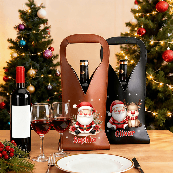Personalised Cute Santa Claus PU Leather Protective Wine Bag with Name and Handle Christmas Party Gift for Wine Lovers