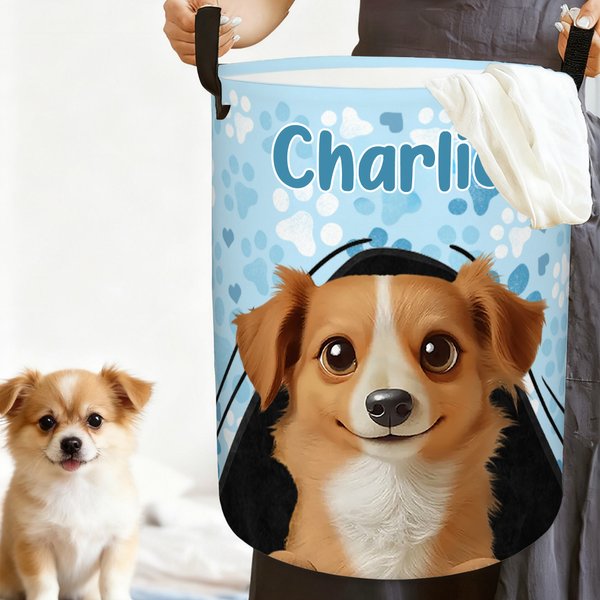 Personalisierter Faltbarer Hunde Spielzeugkorb mit Cartoon Hund und Namen Geburtstag Hauseinweihung Adoption Geschenk für Hundebesitzer Hundeliebhaber