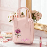 Personalized Vintage Gemstone Birth Flower Name Portable PU Leather Makeup Bag with Handle Travel Accessories Birthday Gift for Women Girls