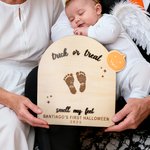 Personalised Footprint or Handprint Wooden Art Sign with Text Bat Ghost Pumpkin Kid DIY Craft First Halloween Gift for Baby New Parents