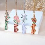 Personalized Multicolor Dainty Birth Flower Necklace with Name Birthday Anniversary Gift for Women Girls