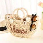 Personalised Boho Flower Straw Hand Bag with Yarn Name Birthday Wedding Christmas Gift for Women Kids Girls