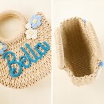 Personalised Boho Flower Straw Hand Bag with Yarn Name Birthday Wedding Christmas Gift for Women Kids Girls