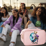 Personalized Hip-Hop Girl Teddy Bear Birthstone Large Capacity PU Leather Makeup Bag with Name Gift for Women Black Queen Hip-Hop Lovers