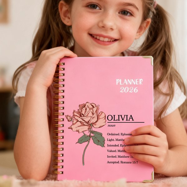 Personalised Birth Flower Bible Verse 2026 Planner Spiral A5 Notebook with Name Monthly Planner Pages Baptism Christmas Gift for Family Christians