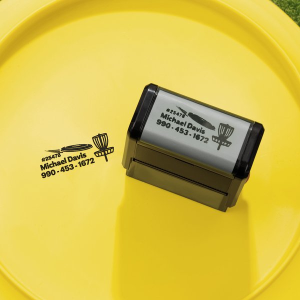 Timbro personalizzato per il golf a disco con testo e nome in inchiostro nero Attività all'aperto Regalo di compleanno per gli amanti del golf a disco