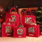 Personalized Merry Christmas Cute Elf Large Red Jute Tote Bag with Name and Initial Christmas Festival Party Gift for Kids
