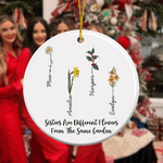 Personalized Birth Flower Heart Round Ceramic Ornament with Name Tree Decor Christmas Gift for Family Sister