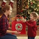 Personalized Merry Christmas Cute Elf Large Red Jute Tote Bag with Name and Initial Christmas Festival Party Gift for Kids