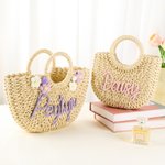 Personalised Boho Flower Straw Hand Bag with Yarn Name Birthday Wedding Christmas Gift for Women Kids Girls